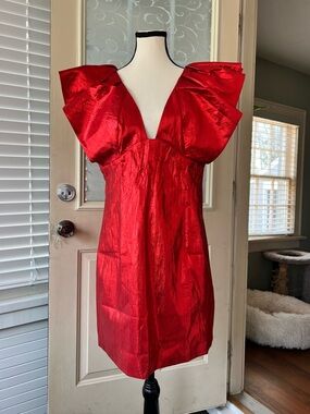 Hyacinth House sz L Tanya mini dress in red metallic with extended ruffle detail